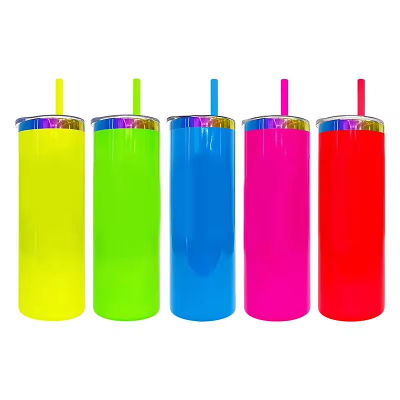 20oz Skinny Straight Neon Fluorescent Rainbow Plated Tumbler