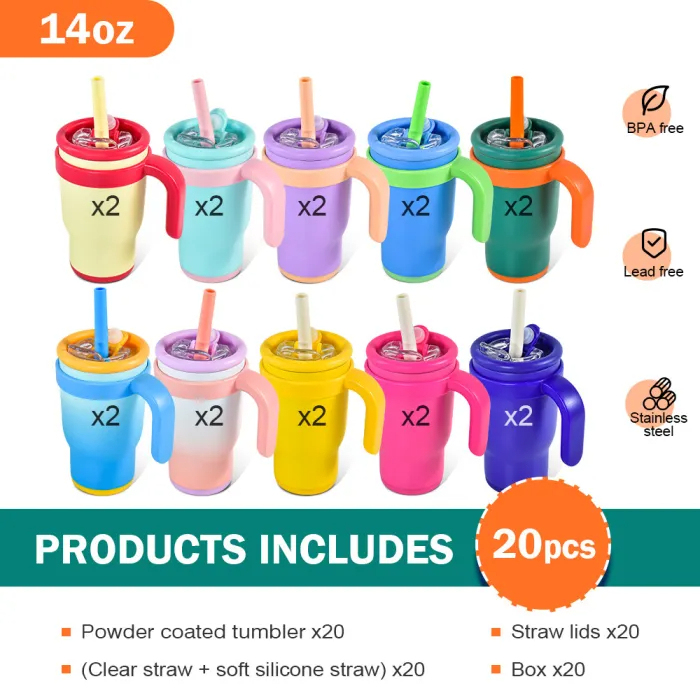US Warehouse 14oz powder coated Colored Stainless Steel Kids water bottle Cups Tumblers