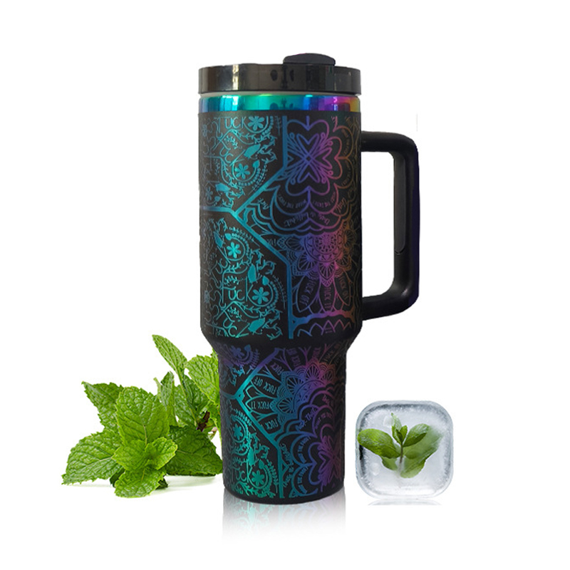 40oz Stainless Steel Iridescent Plated and Laser Engraved Travel Mug with Handle
