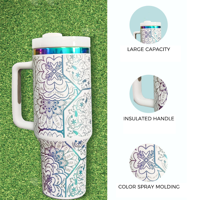 40oz Stainless Steel Iridescent Plated and Laser Engraved Travel Mug with Handle