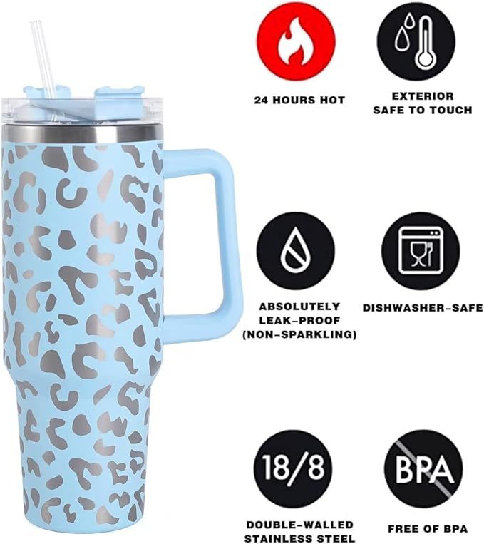 Stanley Dupe 40oz Leopard Tumbler with Handle Adventure Stainless Steel Water Bottle