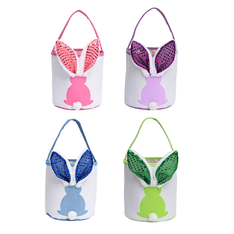 Easter Bunny Glow Basket Foldable Canvas Bag with Handle & Soft Rabbit Tail