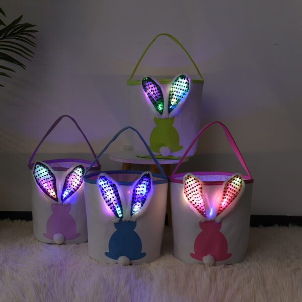 Easter Bunny Glow Basket Foldable Canvas Bag with Handle & Soft Rabbit Tail