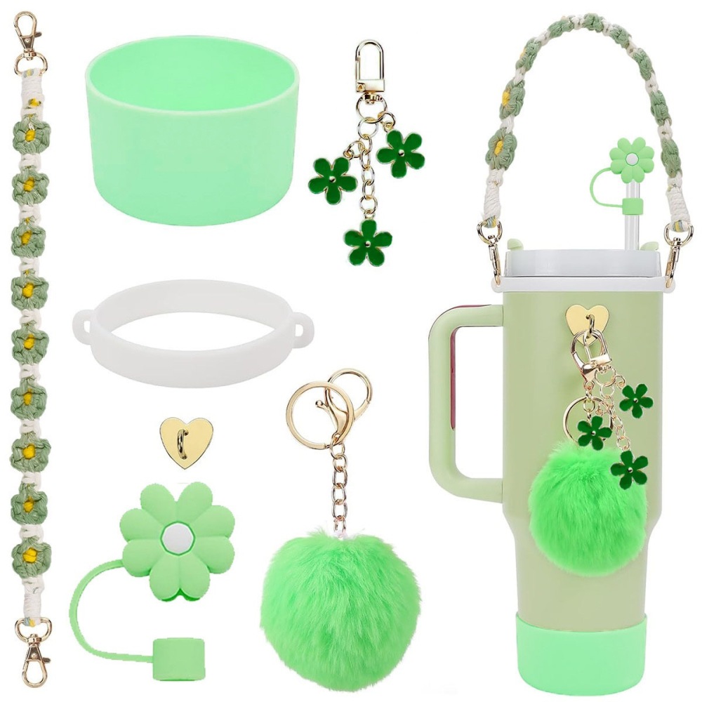 Tumbler Accessories set pearl chain handle strap,begonia flower straw cap,slicon cup sleeve ,and pom-pom charm