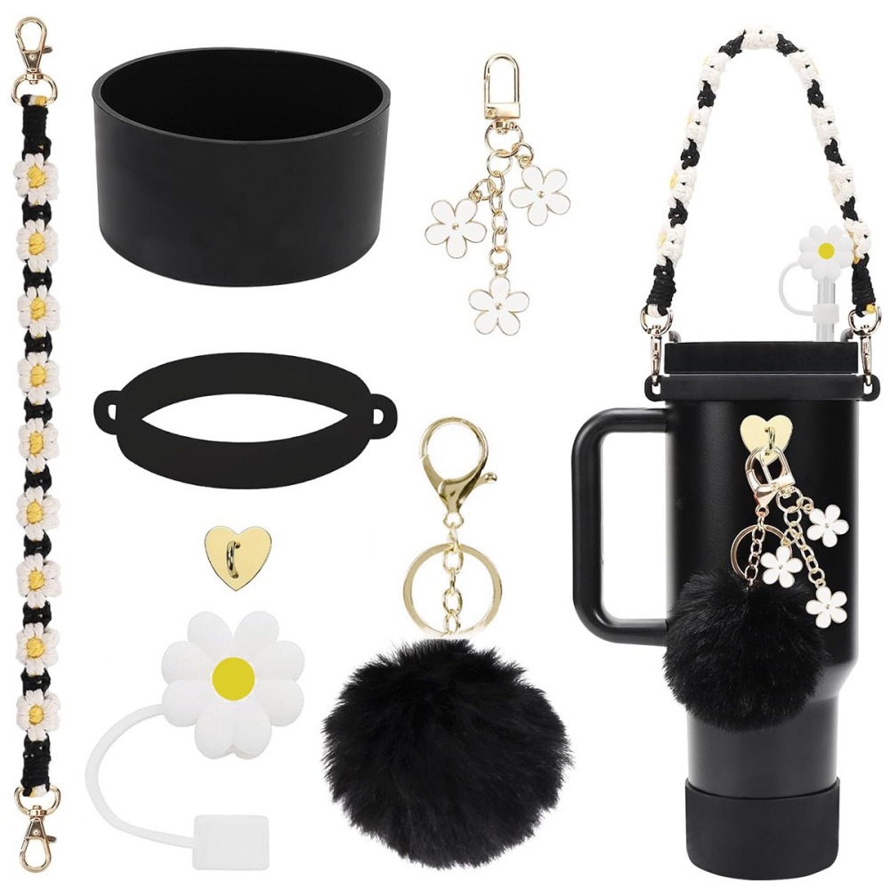 Tumbler Accessories set pearl chain handle strap,begonia flower straw cap,slicon cup sleeve ,and pom-pom charm