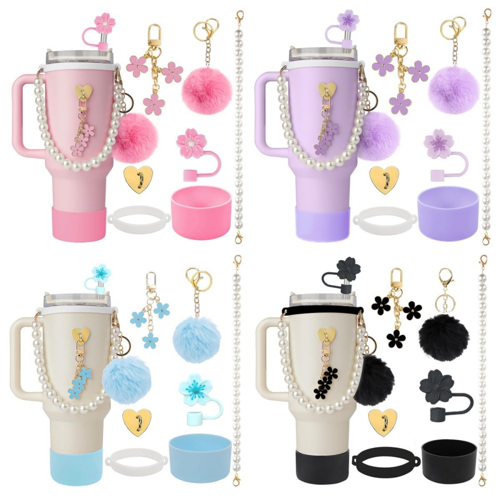 Tumbler Accessories set pearl chain handle strap,begonia flower straw cap,slicon cup sleeve ,and pom-pom charm