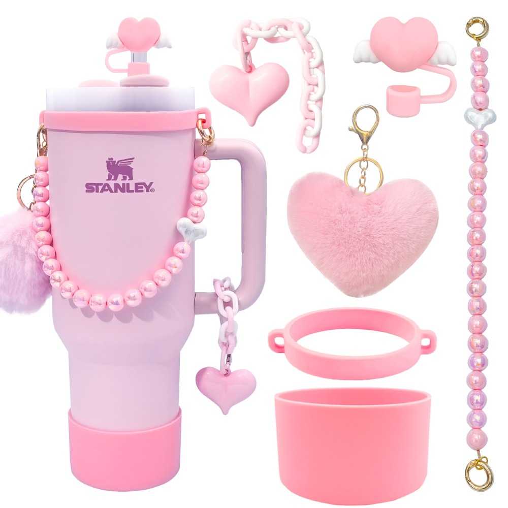 Tumbler Accessories set pearl chain handle strap,begonia flower straw cap,slicon cup sleeve ,and pom-pom charm