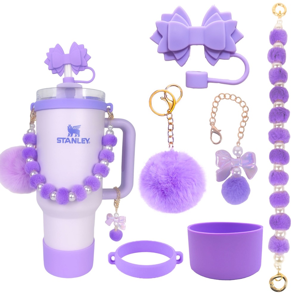 Tumbler Accessories set pearl chain handle strap,begonia flower straw cap,slicon cup sleeve ,and pom-pom charm