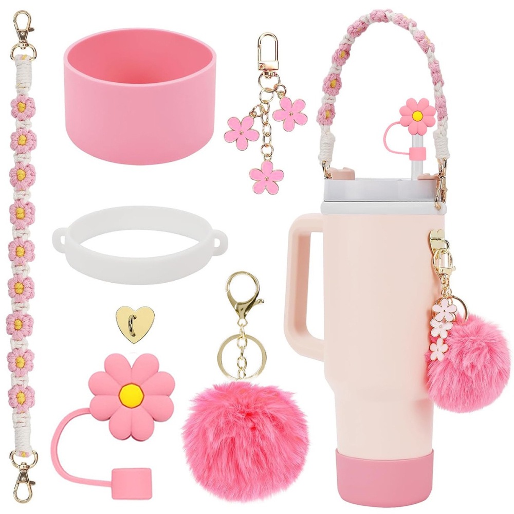 Tumbler Accessories set pearl chain handle strap,begonia flower straw cap,slicon cup sleeve ,and pom-pom charm