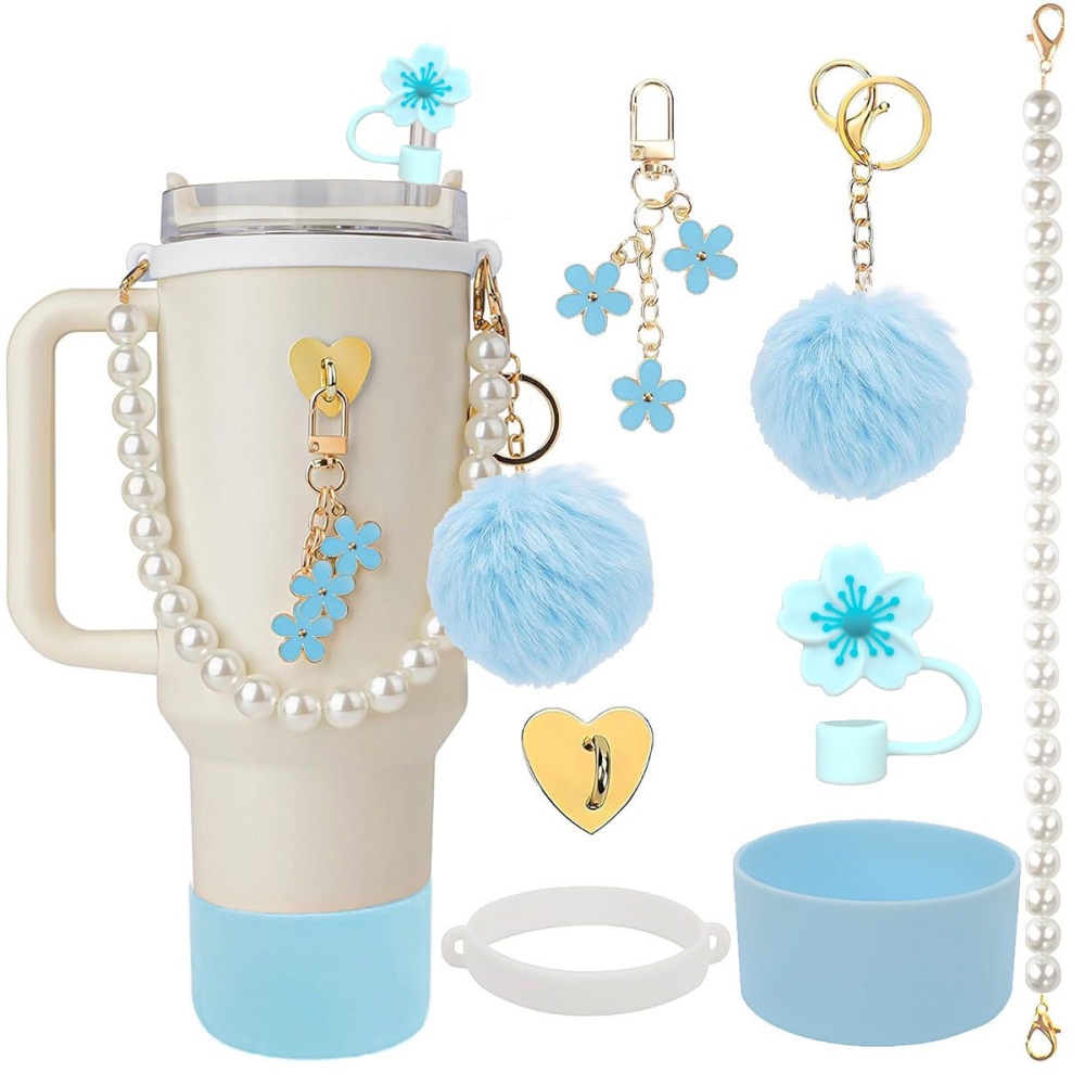 Tumbler Accessories set pearl chain handle strap,begonia flower straw cap,slicon cup sleeve ,and pom-pom charm