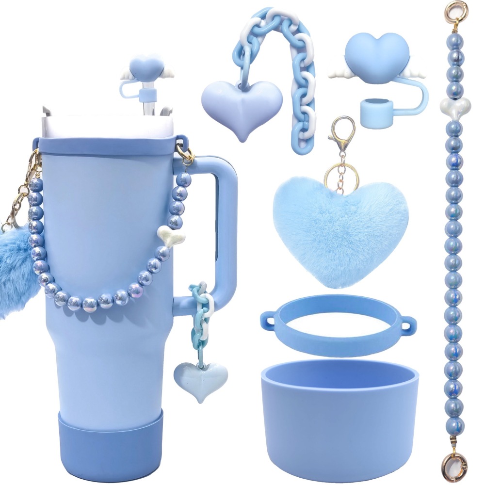 Tumbler Accessories set pearl chain handle strap,begonia flower straw cap,slicon cup sleeve ,and pom-pom charm