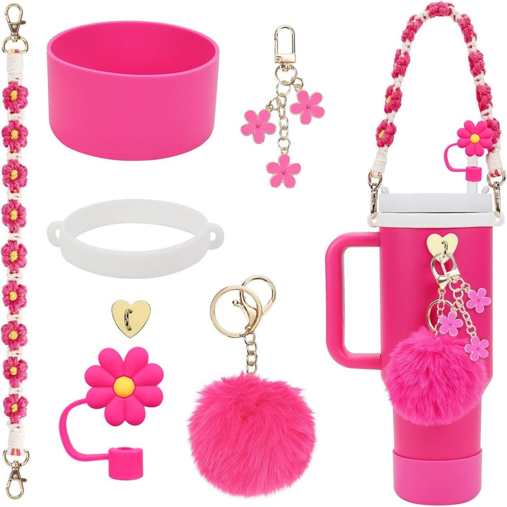 Tumbler Accessories set pearl chain handle strap,begonia flower straw cap,slicon cup sleeve ,and pom-pom charm