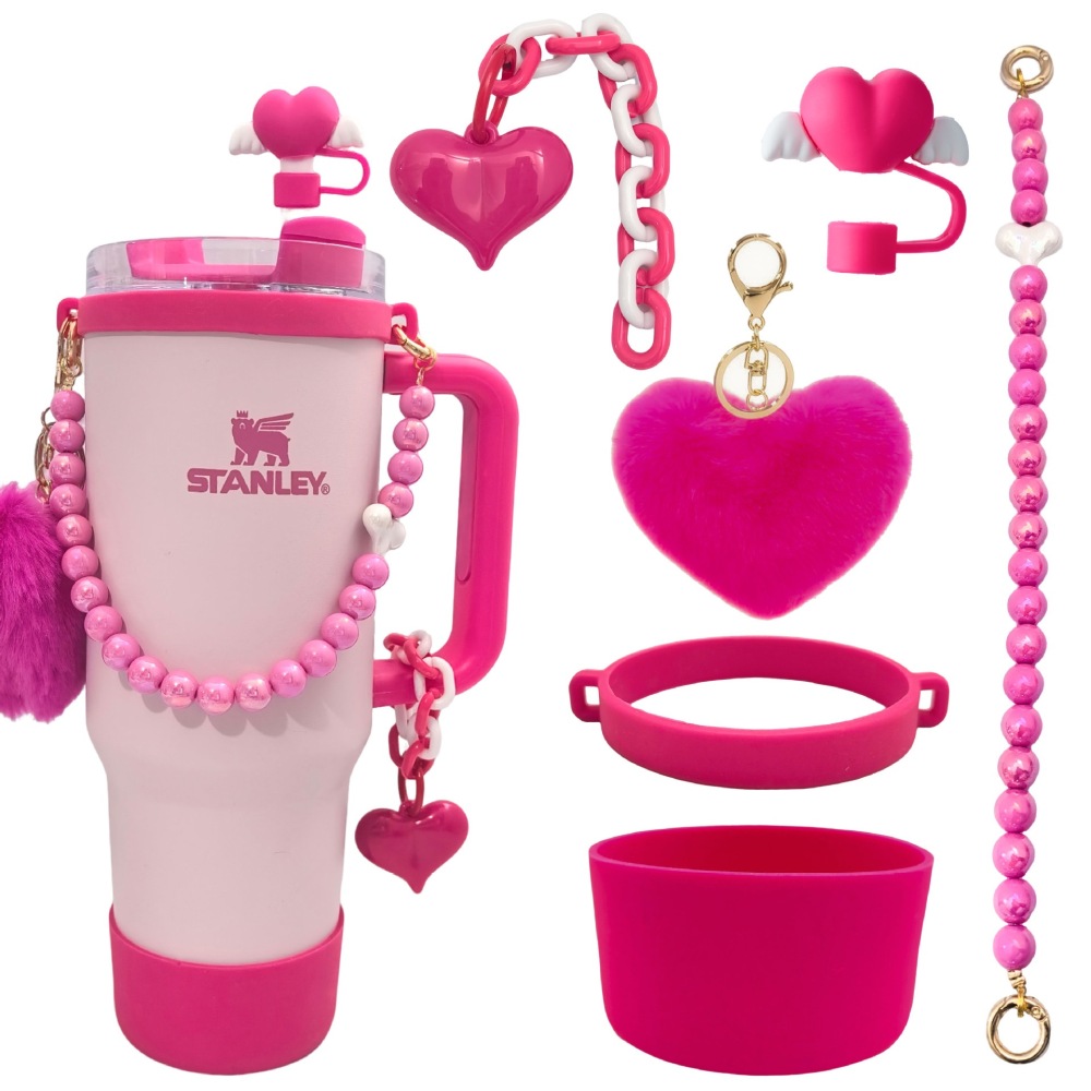 Tumbler Accessories set pearl chain handle strap,begonia flower straw cap,slicon cup sleeve ,and pom-pom charm