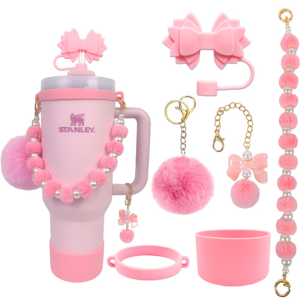 Tumbler Accessories set pearl chain handle strap,begonia flower straw cap,slicon cup sleeve ,and pom-pom charm