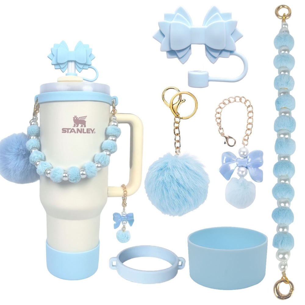 Tumbler Accessories set pearl chain handle strap,begonia flower straw cap,slicon cup sleeve ,and pom-pom charm