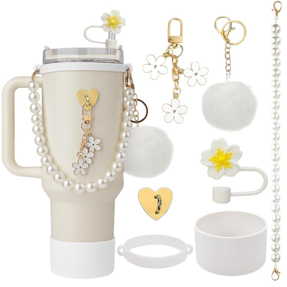 Tumbler Accessories set pearl chain handle strap,begonia flower straw cap,slicon cup sleeve ,and pom-pom charm