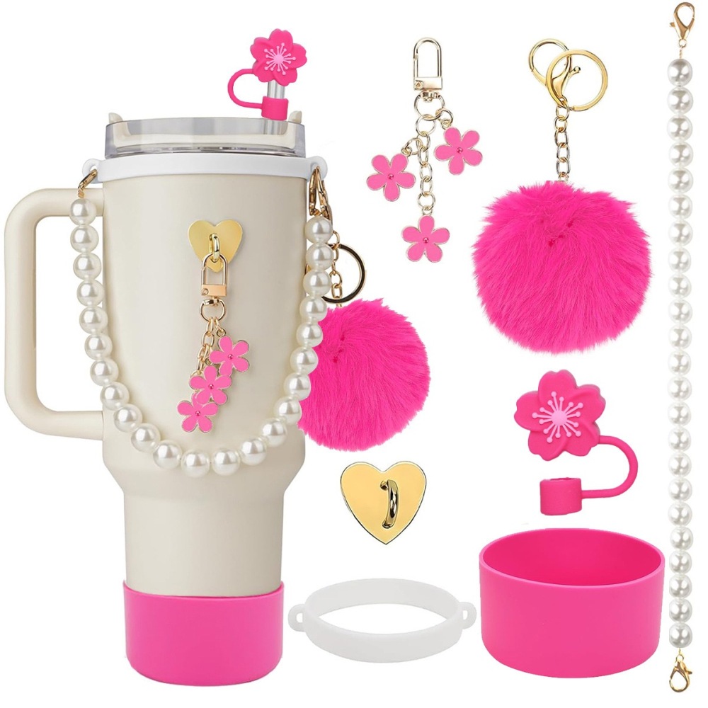 Tumbler Accessories set pearl chain handle strap,begonia flower straw cap,slicon cup sleeve ,and pom-pom charm
