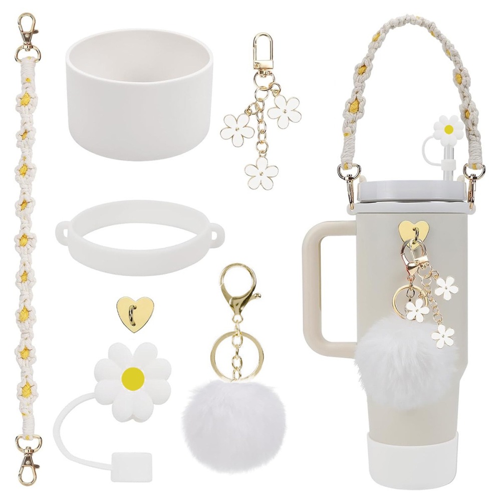 Tumbler Accessories set pearl chain handle strap,begonia flower straw cap,slicon cup sleeve ,and pom-pom charm