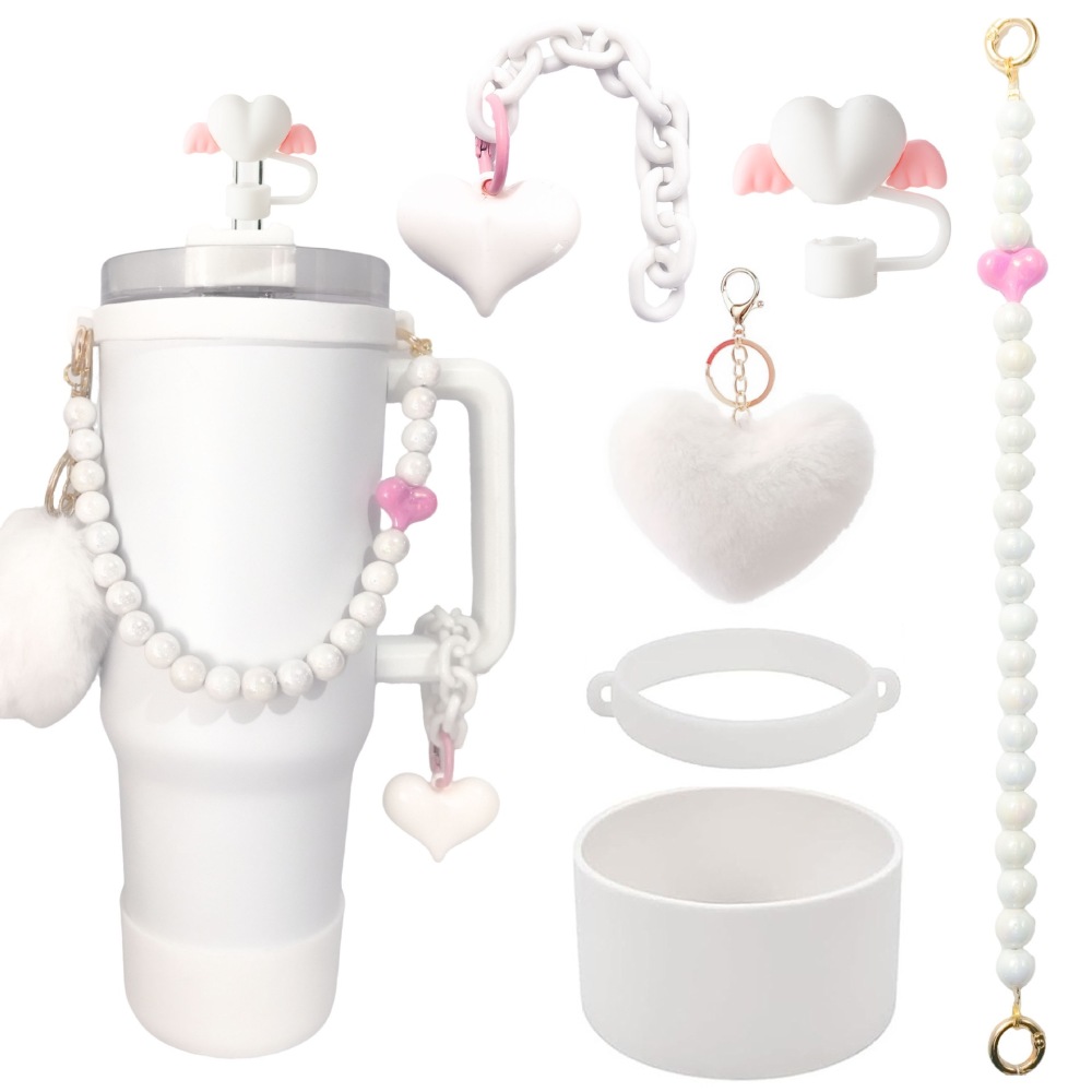 Tumbler Accessories set pearl chain handle strap,begonia flower straw cap,slicon cup sleeve ,and pom-pom charm