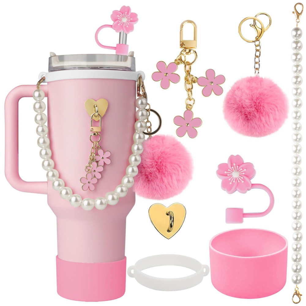 Tumbler Accessories set pearl chain handle strap,begonia flower straw cap,slicon cup sleeve ,and pom-pom charm