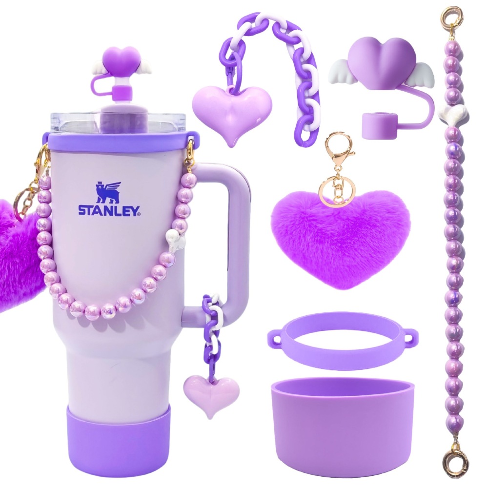 Tumbler Accessories set pearl chain handle strap,begonia flower straw cap,slicon cup sleeve ,and pom-pom charm