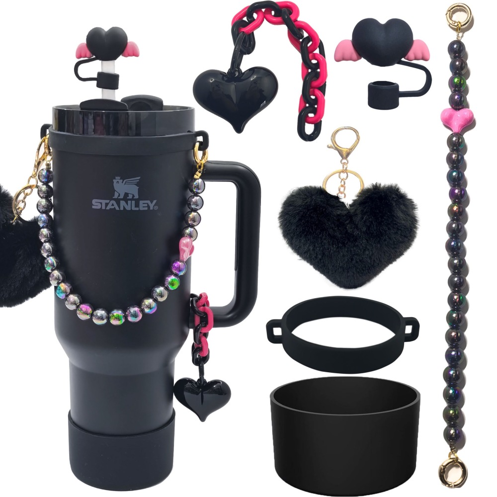 Tumbler Accessories set pearl chain handle strap,begonia flower straw cap,slicon cup sleeve ,and pom-pom charm