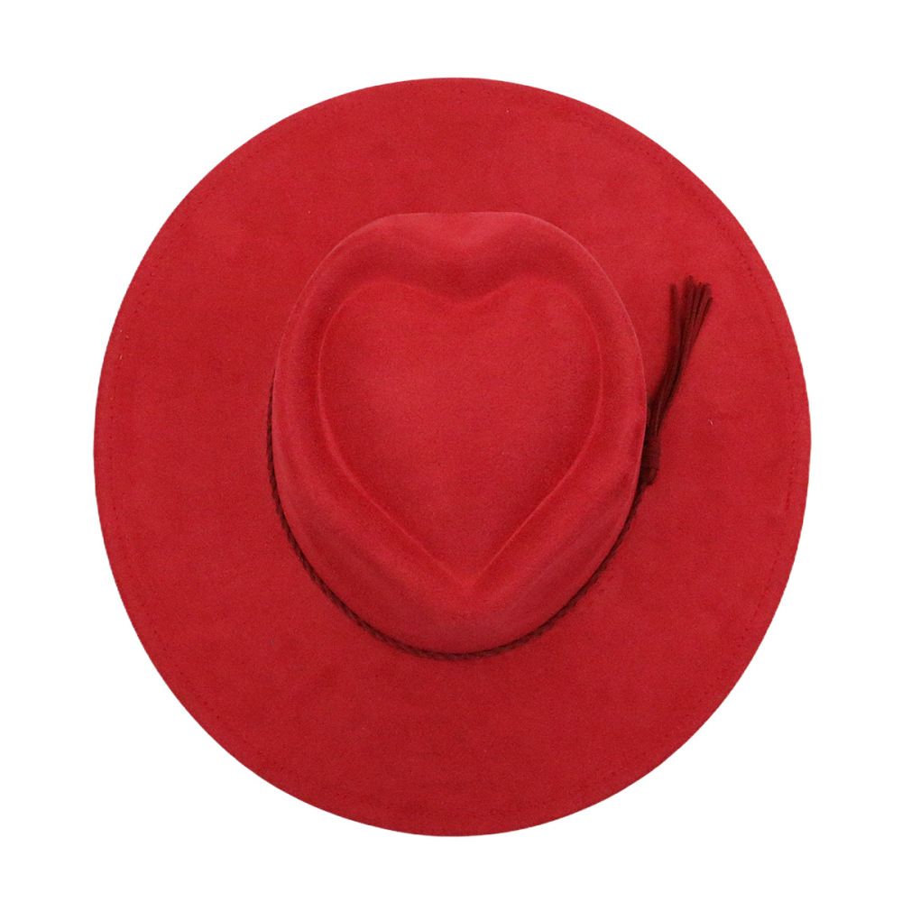 New Fashion Heart Shape Crown Suede Fedora Hats  Wide Brim Basic Draw Caps Flat Brim for Girl
