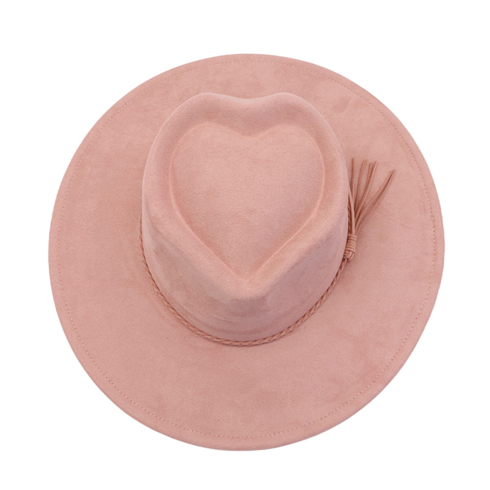 New Fashion Heart Shape Crown Suede Fedora Hats Kids Wide Brim Basic Draw Caps Flat Brim for Girl