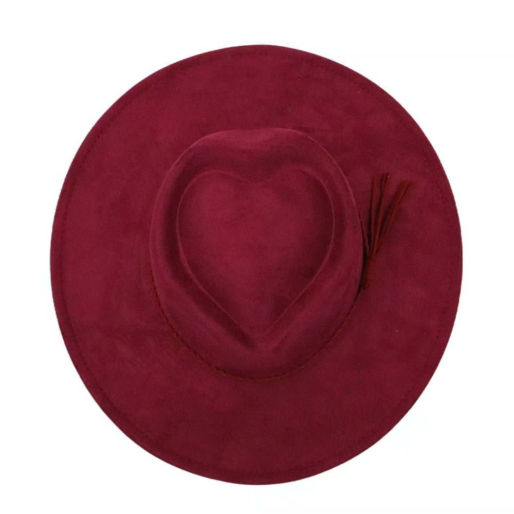 New Fashion Heart Shape Crown Suede Fedora Hats  Wide Brim Basic Draw Caps Flat Brim for Girl