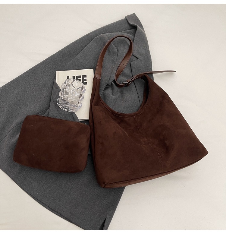 Vintage suede large-capacity tote + mini bag set
