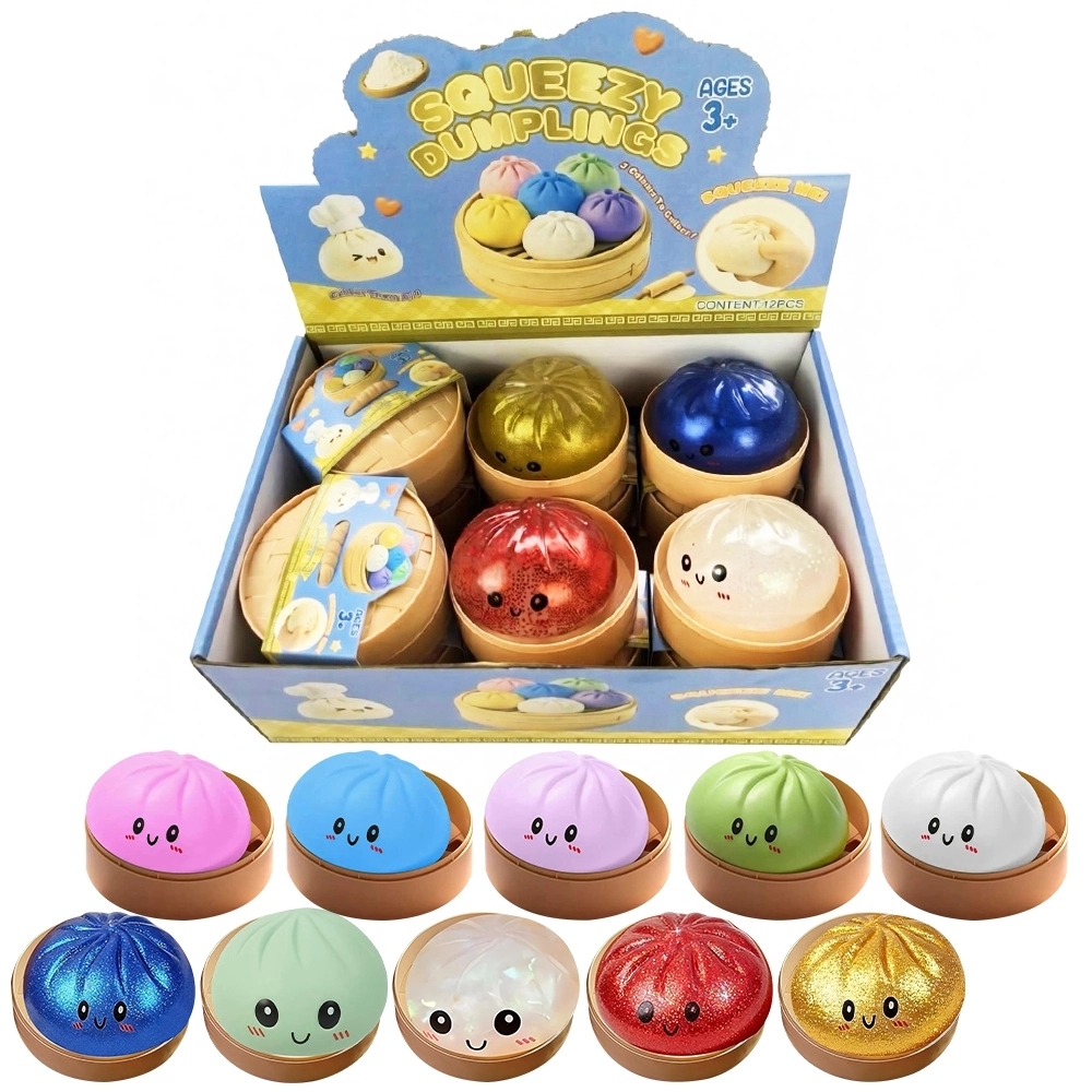 72 Pack China Warehouse 8.5cm Realistic Steamed Bun Glitter Dumpling Squishies Toys Stress Relief Squishy Toys with Steamer