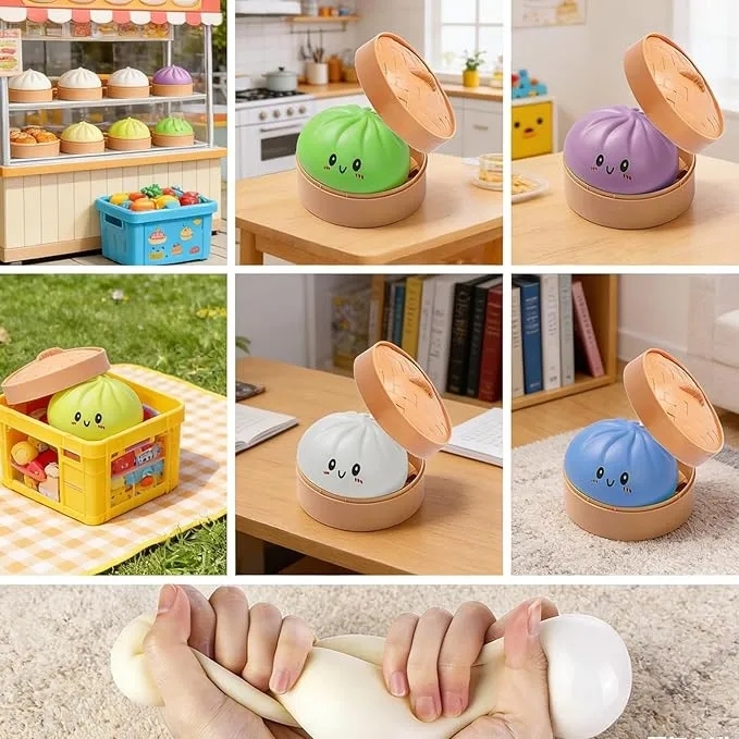 72 Pack China Warehouse 8.5cm Realistic Steamed Bun Glitter Dumpling Squishies Toys Stress Relief Squishy Toys with Steamer
