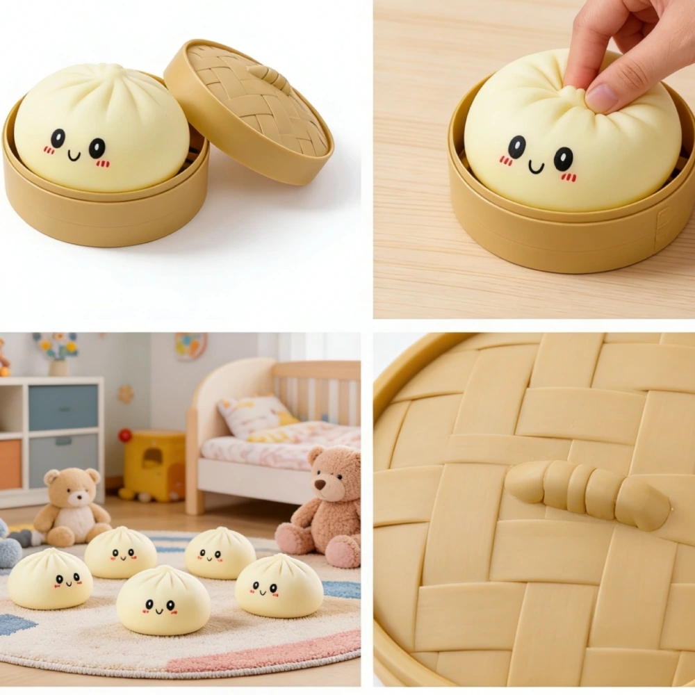 72 Pack China Warehouse 8.5cm Realistic Steamed Bun Glitter Dumpling Squishies Toys Stress Relief Squishy Toys with Steamer