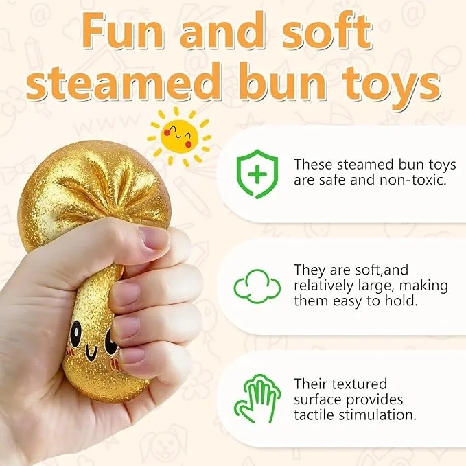 72 Pack China Warehouse 8.5cm Realistic Steamed Bun Glitter Dumpling Squishies Toys Stress Relief Squishy Toys with Steamer