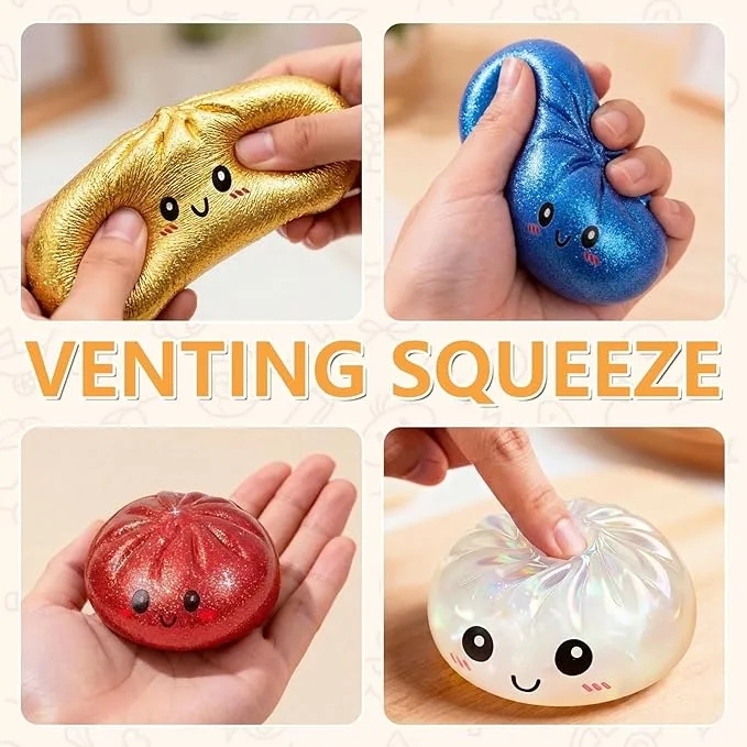 72 Pack China Warehouse 8.5cm Realistic Steamed Bun Glitter Dumpling Squishies Toys Stress Relief Squishy Toys with Steamer