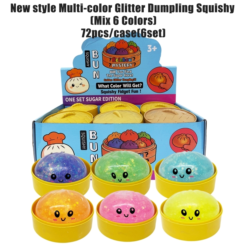 72 Pack China Warehouse 8.5cm Realistic Steamed Bun Multi-color Glitter Dumpling Stress Relief Squishy Toys with Steamer
