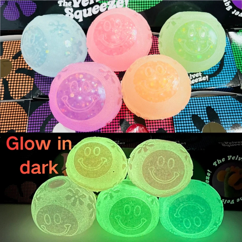 60 Pack China Warehouse Needoh Halloween Glowing in Dark Smiley Face Glitter Fuzzy Ball Squishy Stress Relief Fidget Toy for Kids