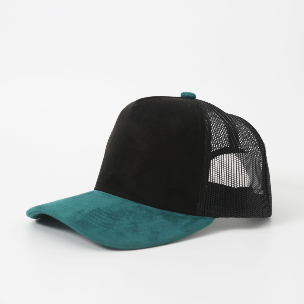 5-panel vegan suede trucker hat