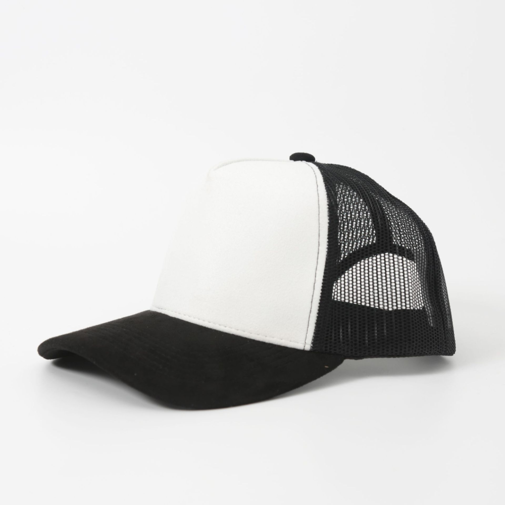 5-panel vegan suede trucker hat