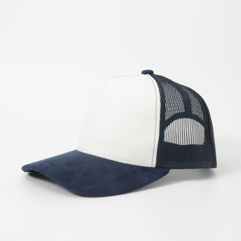 5-panel vegan suede trucker hat