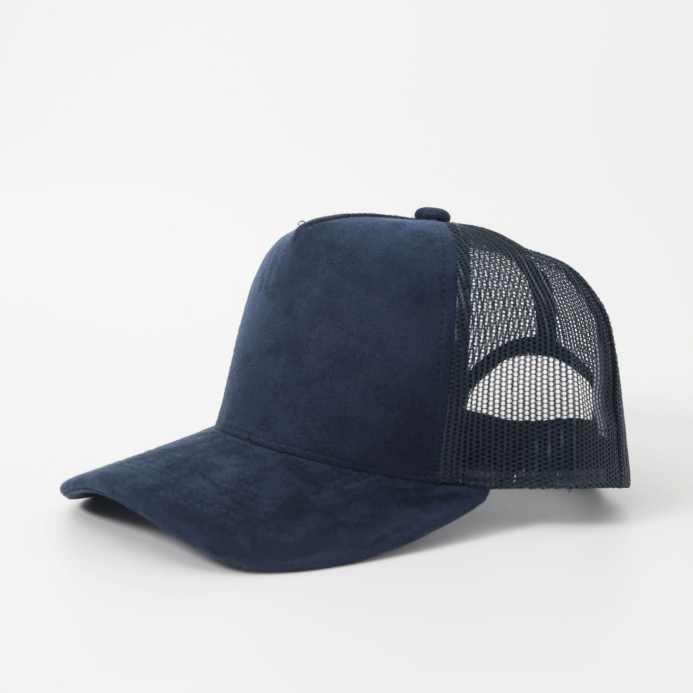5-panel vegan suede trucker hat