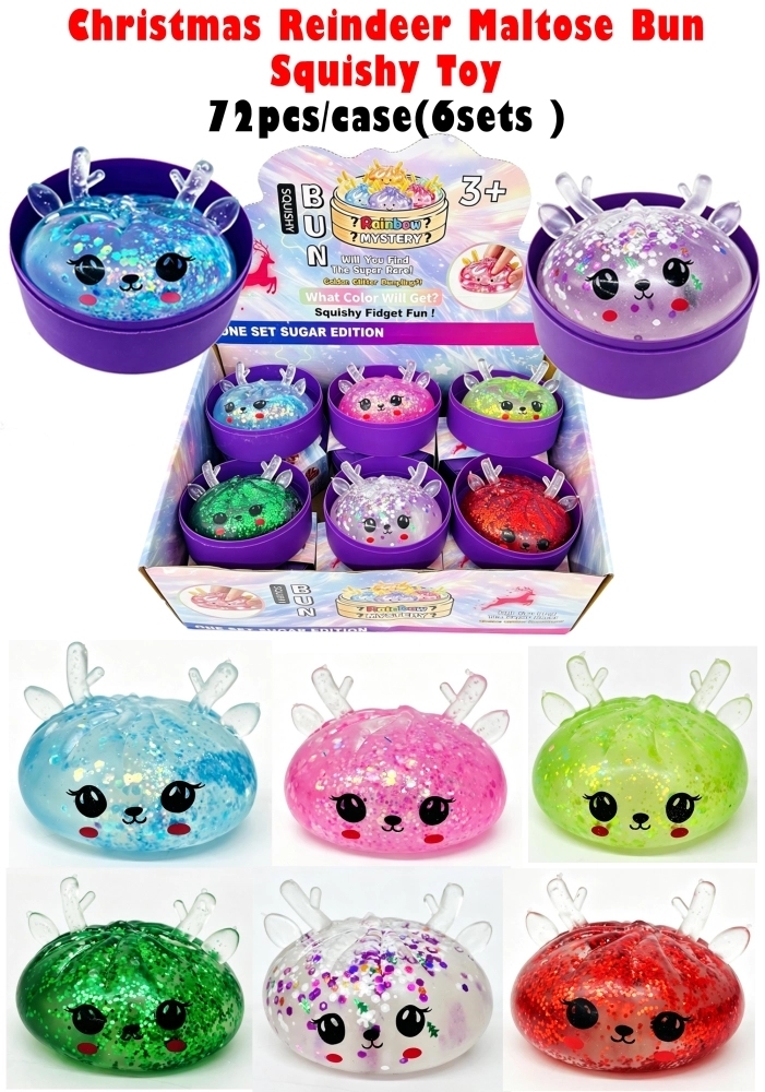 72 Pack China Warehouse Maltose Slow Rising Christmas Reindeer Maltose Bun Squishy Stress Relief Fidget Toys with Steamer for Kids