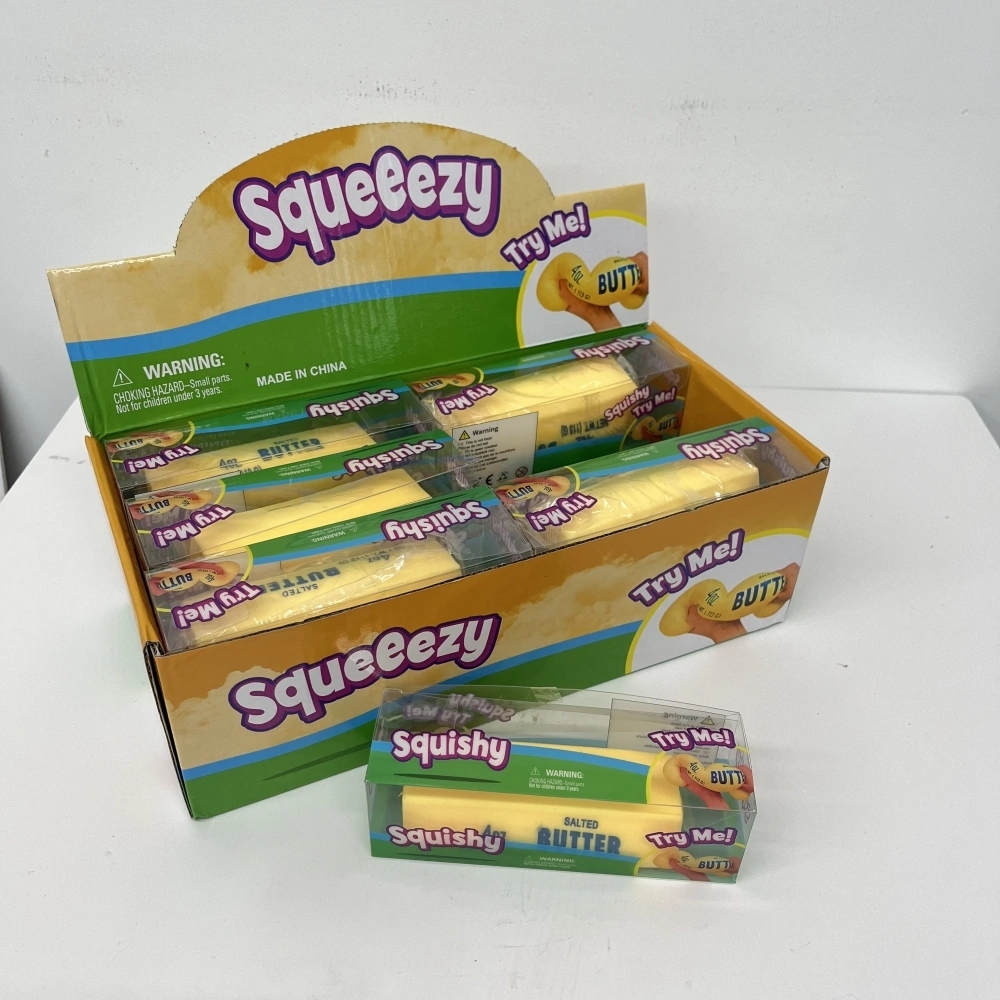 72 Pack China Warehouse Small Size 11*3.5cm Flour-filled TPR Butter Squishy Stress Relief Fidget Toy with PVC Gift Box and Dozen BOX for Kids