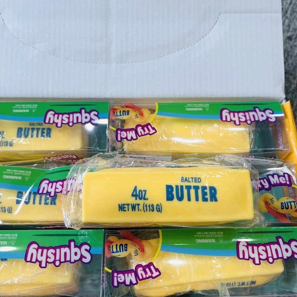 72 Pack China Warehouse Small Size 11*3.5cm Flour-filled TPR Butter Squishy Stress Relief Fidget Toy with PVC Gift Box and Dozen BOX for Kids