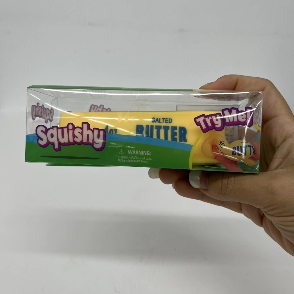 72 Pack China Warehouse Small Size 11*3.5cm Flour-filled TPR Butter Squishy Stress Relief Fidget Toy with PVC Gift Box and Dozen BOX for Kids