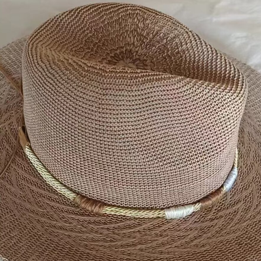 Creative and personalized DIY denim hat with decorative rope strap, retro ethnic style, wide brim, hat band, hat accessories