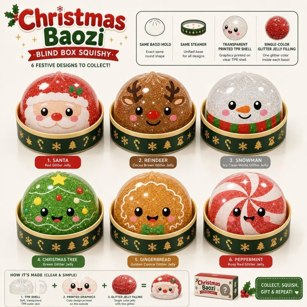 72 Pack China Warehouse Glitter TPR Moldable Xmas Squeeze Christmas Dumpling Squishy Stress Relief Fidget Toy for Kids
