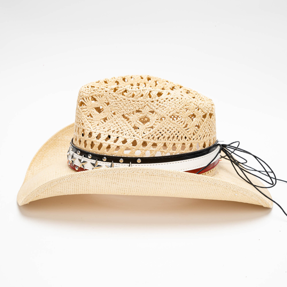 Five-pointed star leather belt, retro, comfortable, breathable, casual, versatile, outdoor wide-brimmed sun protection, Western cowboy straw hat