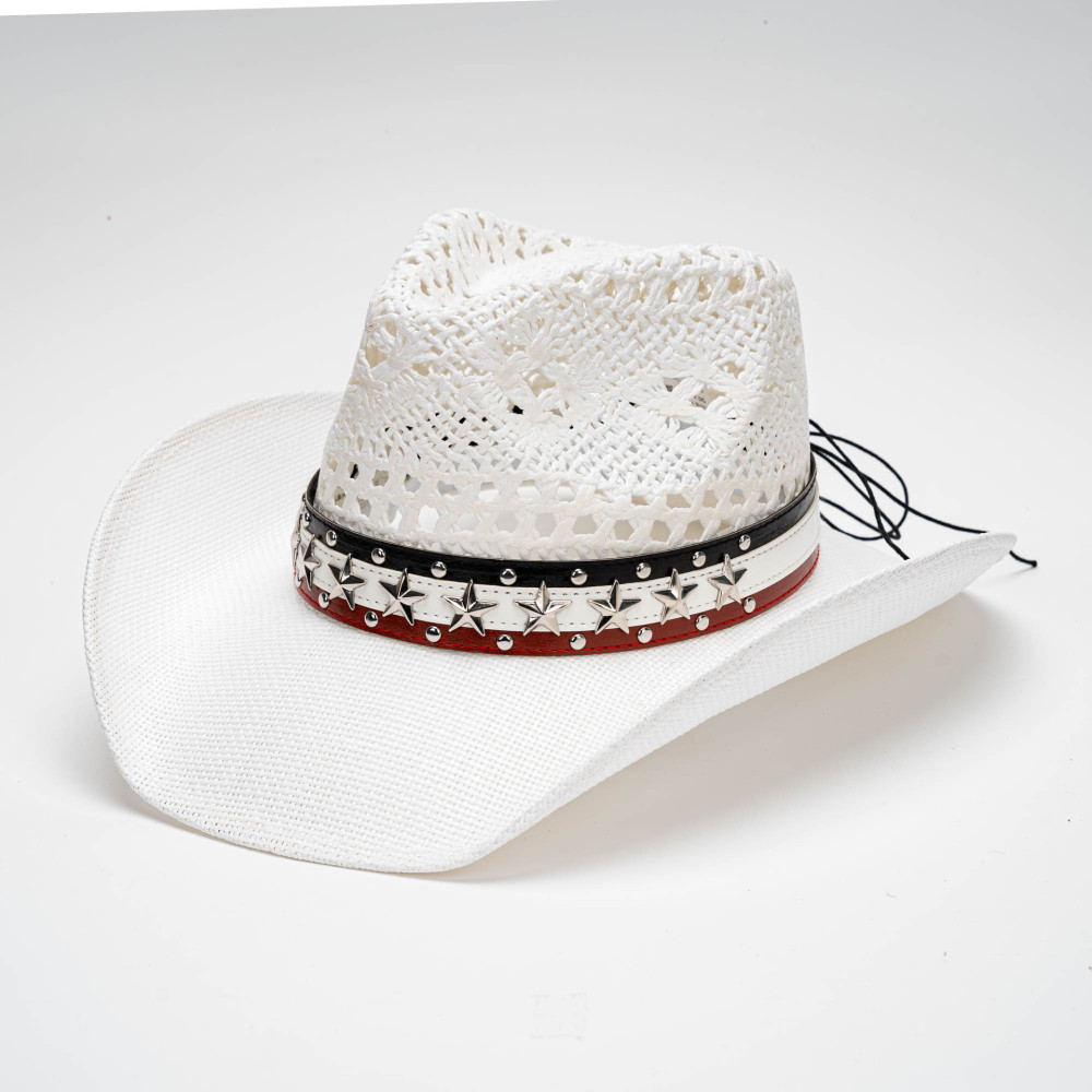 Five-pointed star leather belt, retro, comfortable, breathable, casual, versatile, outdoor wide-brimmed sun protection, Western cowboy straw hat