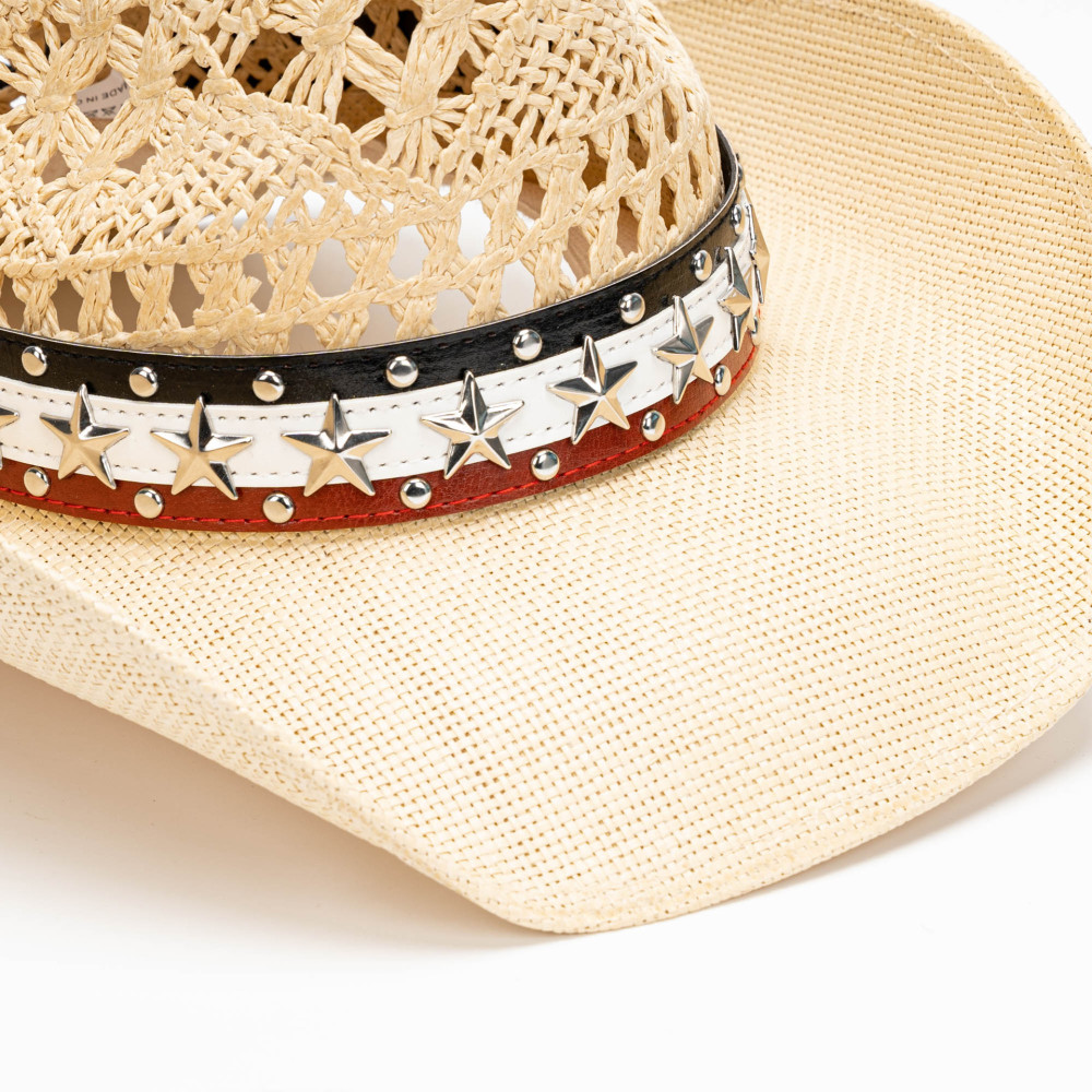 Five-pointed star leather belt, retro, comfortable, breathable, casual, versatile, outdoor wide-brimmed sun protection, Western cowboy straw hat